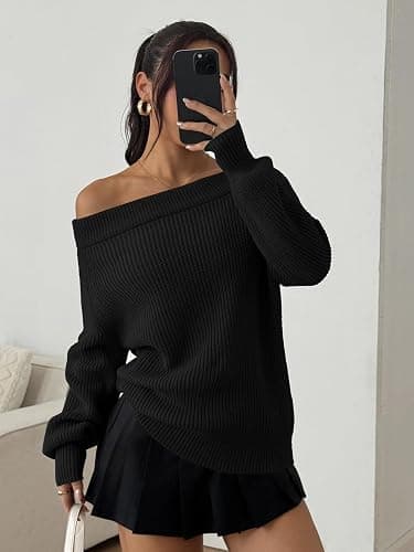 ZAFUL Sweaters for Women Off Shoulder Knit Sweater with Long Sleeve Loose Pullover Jumper Tops thumbnail 3