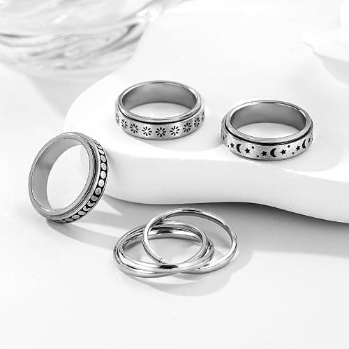 4 Pcs Fidget Anxiety Rings for Women Men Stainless Steel Fidget Spinner Moon Star Celtic Stress Relieving Spinning Wedding Band Rings Set Trendy and Stylish Jewelry - Image 1