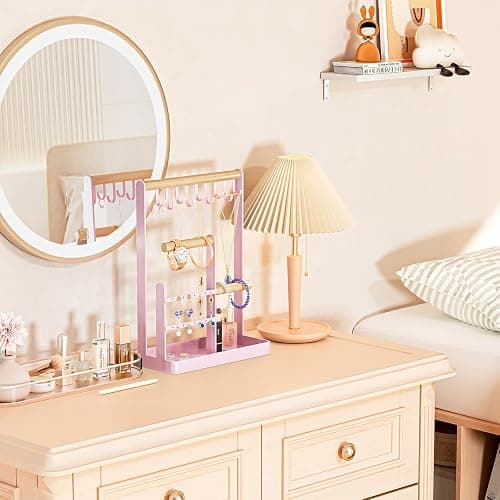 ProCase Jewelry Stand Holder Organizer, 4-Tier Necklace Holder with Ring Tray, 10 Hooks Necklaces Hanging Small Jewelry Display Storage Tower Tree for Bracelets Earrings Watches -Medium, Pink thumbnail 8