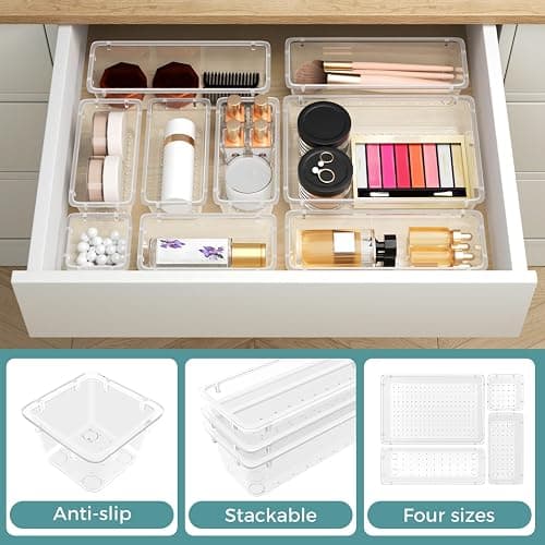 WOWBOX 44 PCS Clear Plastic Drawer Organizer Set, 5 Varied Size storage Bins and Desk Drawer Organizer Trays for Makeup, Gadgets, Jewelry and Utensils in Bathroom, Bedroom and Office, Clear thumbnail 4