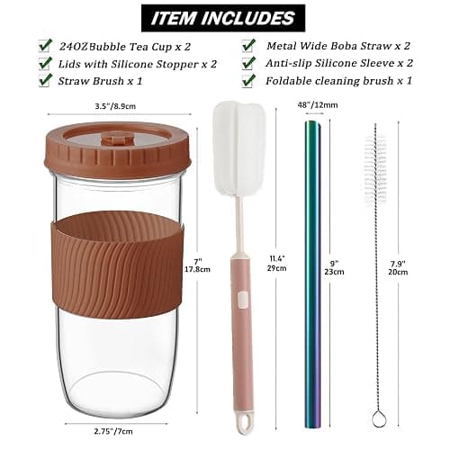 Amyoole 2 Pack Reusable Boba Cup,24Oz Wide Mouth Smoothie Cup,mason Jar Glass Cups with Lids and Straws,Bubble/Boba Tea Cups,Ice Coffee Tumbler 2 colored straws 1 sponge brush(Brown) thumbnail 3
