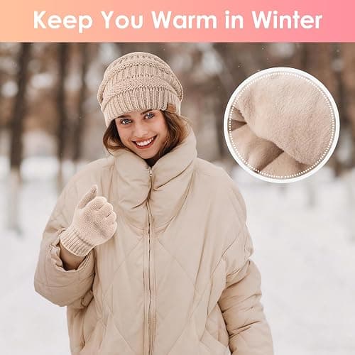 Women's Beanie Hat Gloves Set, Fleece Lined Winter Hat with Touchscreen Gloves for Cold Weather thumbnail 4