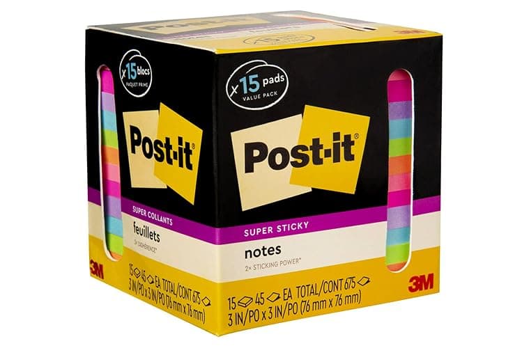 Post-it Super Sticky Notes, Assorted Bright Colors, 3x3 in, 15 Pads/Pack, 45 Sheets/Pad, 2X The Sticking Power, Recyclable, Multi-Color thumbnail 9