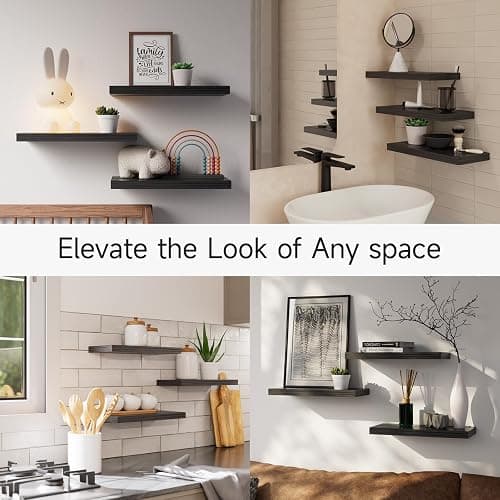 BAYKA Floating Shelves for Wall, Wall Mounted Rustic Wood Shelves for Bathroom, Bedroom, Living Room, Kitchen, Hanging Shelf for Books/Storage/Room Decor with 22lbs Capacity (Black, Set of 3, 15.7in) - Black - 15.7inches thumbnail 5