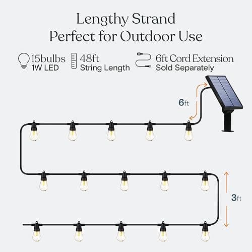 Brightech Ambience Pro Solar Powered Outdoor String Lights, 48 ft Commercial Grade Waterproof Patio Lights, 15 Edison Bulbs, Shatterproof LED String Lights for Outside, Porch - 1W Soft White thumbnail 3