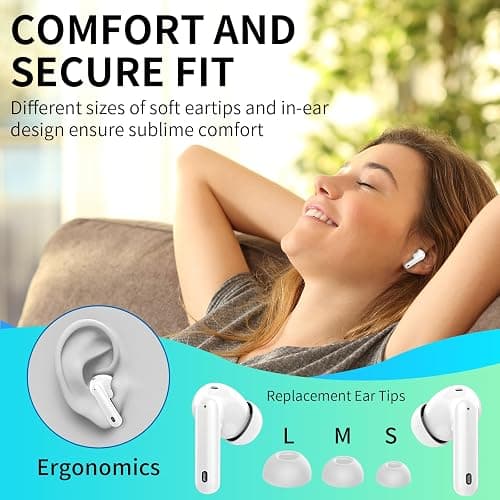 Wireless Earbuds, Bluetooth Headphones 5.4 HiFi Stereo, Wireless Earphones with ENC Noise Cancelling Mic, IP7 Waterproof in Ear Headphones, LED Digital Display Ear Buds, Touch Control, White thumbnail 5