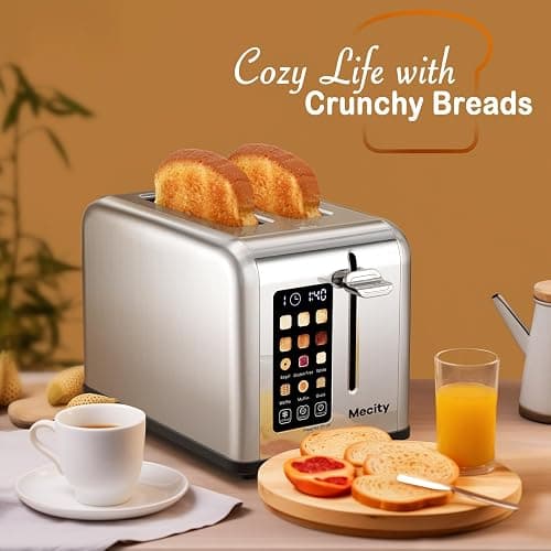 Mecity 2 Slice Toaster Touch Screen 1.5" Wide Slot, Stainless Steel Smart Bread Toaster for Bagel Muffin Waffle Gluten Free Breads, Timer, Defrost, Reheat, 120V 825W - Stainless Steel thumbnail 7