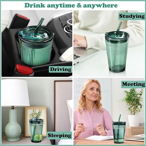Joeyan Glass Tumbler with Straw and Lid,Green Glasses Water Cup with Straw,Colored Glass Drinking Jars for Juice Beverages Iced Coffee Tea Smoothie Soda Milk,15 oz,Set of 2,Dishwasher Safe thumbnail 6