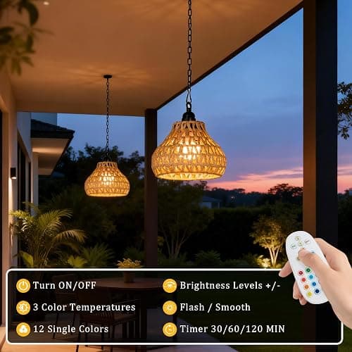 ALL FORTUNE Rechargeable Hanging Pendant Lights, 2 Pack Battery Operated Outdoor Chandelier with Remote, No Wiring for Outdoor Patio, Gazebo, Porch Decor thumbnail 2