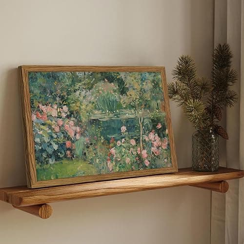 Framed Vintage Floral Landscape Canvas Wall Art, Rose Garden Pond Wall Decor Paintings, Rustic Cottagecore Nature Plant Pictures Prints Aesthetic Home Decor for Living Room Bedroom Bathroom 8x10 inch thumbnail 2