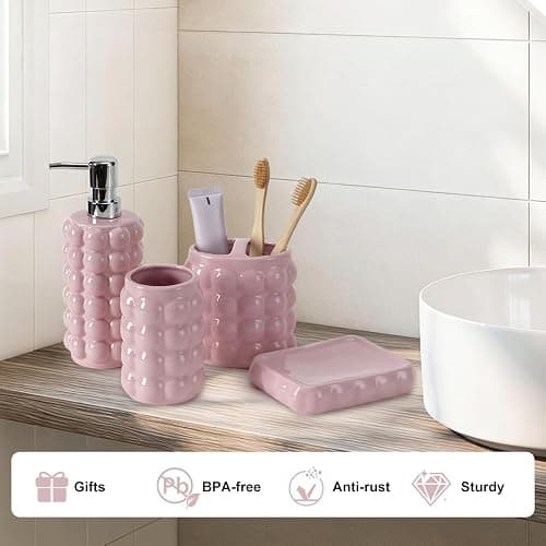 4 Piece Ceramic Bathroom Accessories Set –Soap Dispenser,Toothbrush Holder,Tumbler & Soap Dish,Includes Silicone Funnel,Non-Slip,Modern Farmhouse Countertop Organizer Set for Bathroom Decor, Pink thumbnail 6