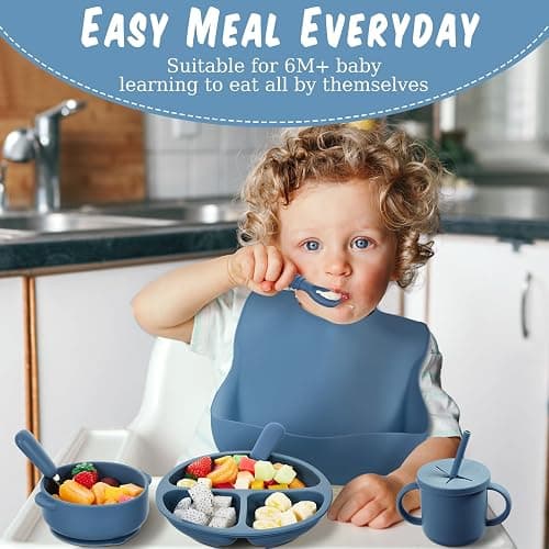 Yinder 24 Pack Silicone Baby Feeding Set Baby LED Weaning Set, Ocean | for Babies 6+ Months, Suction Plate Bowl, Adjustable Bib, Snack Cup Straw, Soft Spoon Fork, Baby Mealtime, Self Feeding thumbnail 4