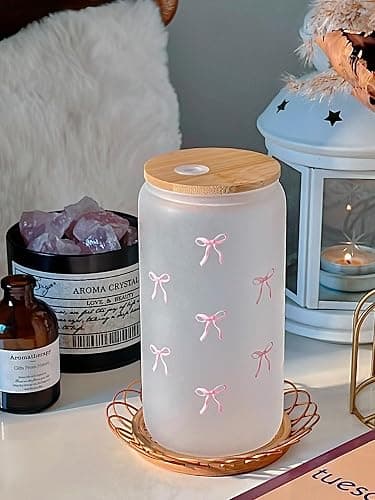 Loihayazea Cute Coquette Pink Aesthetic Bow Glass Cups with Lids and Straws, Preppy Girly Trendy Stuff Gifts for Women Teen Girls, 16oz Iced Coffee Cup, Glass Tumbler, Matcha Cup (Pink Bow) thumbnail 6