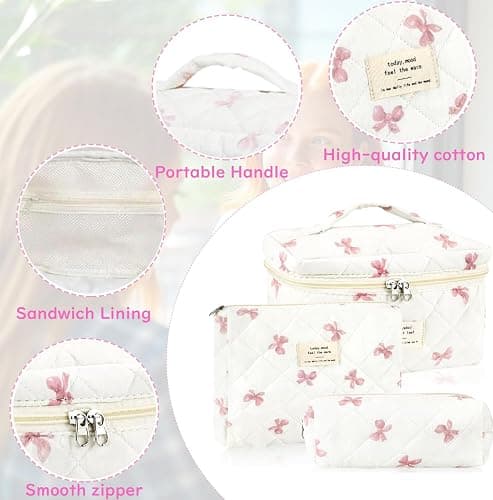 [3 Pack] Makeup Bag for Women Girls, Cute Cosmetic Bag,Travel Make Up Organizer Bag,Large Cotton Quilted Travel Cute Floral Make up Bag,Wide Open Portable Pouch (C-Pink) thumbnail 3
