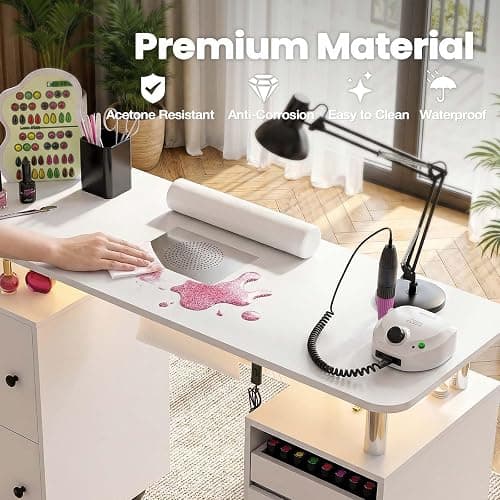 Oakvera Nail Tech Table with Dust Collector & LED Light, Rolling Manicure Desk with Storage Drawers & Cabinets, Lockable Wheels, Acetone-Resistant Beauty Workstation for Salon, Home (White) thumbnail 8