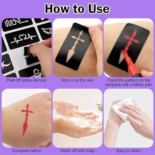 Ponhey Temporary Tattoo Markers for Skin, 36 Body Markers+67 Large Tattoo Stencils,Dual-End Tattoo Pens,Fine Lines with Cosmetic-Grade,Flexible, Skin-Safe Face Paint Kit for Kids Teenage Adults thumbnail 6