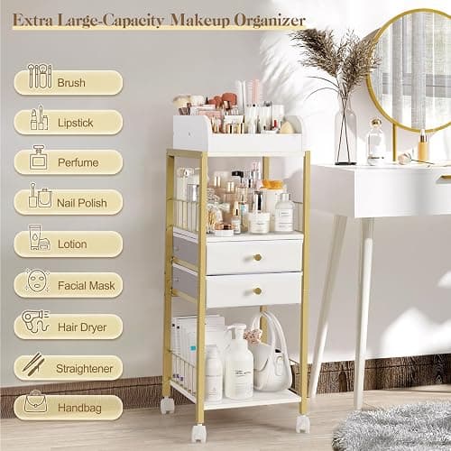 Makeup Organizer, Floor Skincare Organizers Make Up Organizers and Storage with Drawers, Vanity Organizer Cosmetics Display Cases Holder for Skin Care Nail Polish Perfume Gold thumbnail 4