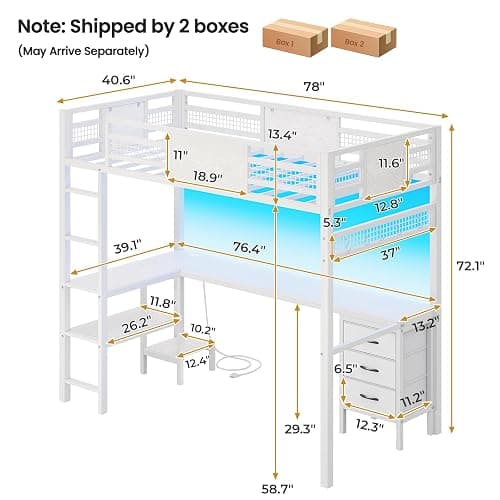 ADORNEVE Loft Bed Twin Size with L-Shaped Desk, LED Lights,Charging Station, Twin Metal Loft Bed Frame with Fabric Drawers & Shelve, 13.4" H Safety Guardrail, No Box Spring Needed, White thumbnail 2