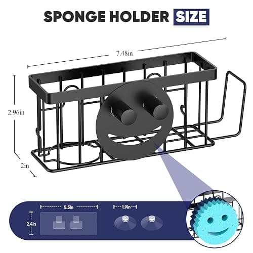MURLONG Sponge Holder for Kitchen Sink,Sink Caddy Smiley Face,4-in-1 Sponge Holder with Suction Cups & 1 PCS Adhesive Strips for Holding Soap,Brush,Scrubber,Sponge,Stopper-Black thumbnail 2