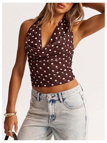 MakeMeChic Women's Y2K Polka Dots Halter Top Cowl Neck Crop Going Out Tops thumbnail 5