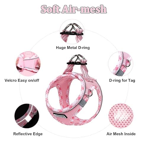 Mercano Soft Mesh Dog Harness and Leash Set, No-Chock Step-in Reflective Breathable Lightweight Easy Walk Vest Harnesses with Safety Buckle for Small Dogs, Cats (Pink, S) thumbnail 3
