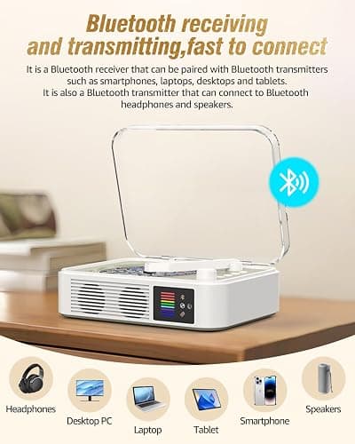 CD Player Portable Bluetooth LED Desktop Retro CD Players for Home with Speakers Rechargeble Battery Small Vintage CD Player with Bluetooth Out & Input, USB, AUX Out, Remote Control (White) thumbnail 4