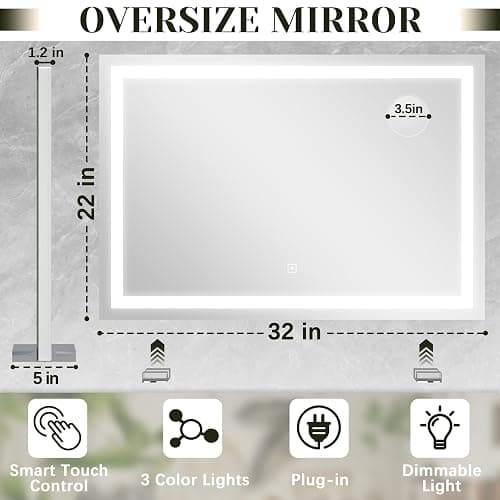 ROLOVE 32x22 Lighted Vanity Mirror, Wall-Mounted, Detachable 10X Magnifier | LED Makeup Mirror, 3 Color Modes, Stepless Dimming, Touch Control, Plug-In Design, Tabletop Use, Even Lighting thumbnail 2