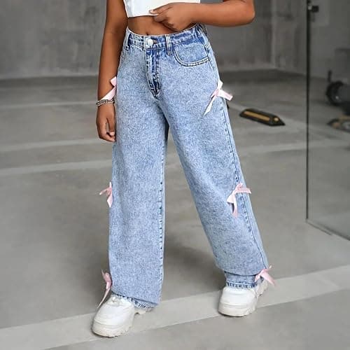 Godalithic Bow Jeans for Girls Wide Leg Kids Baggy Flare Denim Pants High Waisted Cute Clothes Y2k Outfits with Pockets 6-14Y thumbnail 3