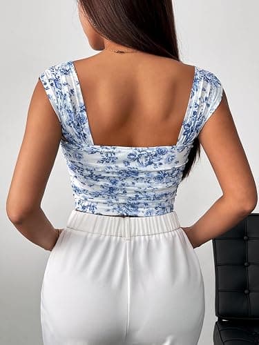 SHENHE Women's Floral Wide Strap Ruched Square Neck Cute Open Back Boho Crop Tank Top - X-Small - Multicolor thumbnail 6