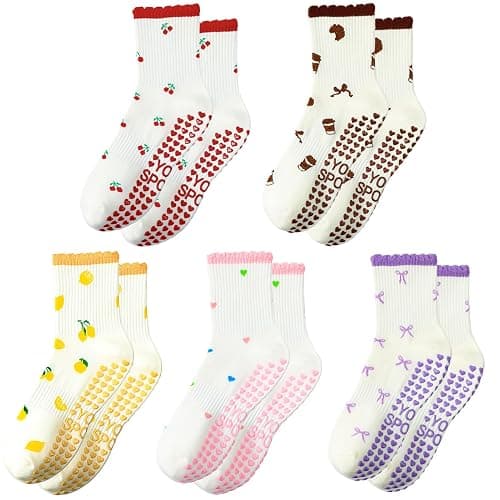 scenicamp 5 Pairs Cute Pilates Socks for Women, Ruffle Frilly Yoga Socks Non Slip Cotton Crew Socks with Embroidery Pattern thumbnail 8