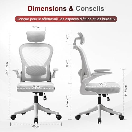 WXJHL Chaise de Bureau Ergonomique avec Soutien Lombaire Réglable, Fauteuil de Bureau avec Appui-Tête et Accoudoirs Relevables, Chaise Informatique pour Télétravail et Étude, Blanc thumbnail 2