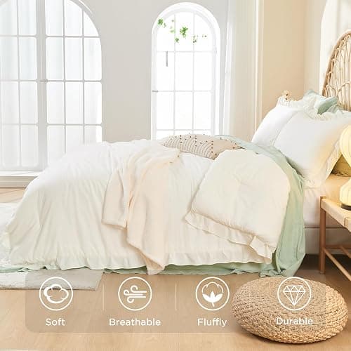 Litanika Full Comforter Set Ivory, 3 Pieces Beige Ruffle Farmhouse Aesthetic Bedding Comforter Set, Lightweight Fluffy Microfiber Bed Set (79x90In Comforter, 2 Pillowcases) thumbnail 4