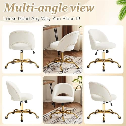 VINGLI Modern Teddy Fluffy Small Office Chair,Cute Desk Chair with Wheels,Gold Base/Studs, Comfy Armless Swivel Vanity Task Chair for Women/Girl/Kids, Nail Tech Chair for Bedroom,Small Space,White thumbnail 8