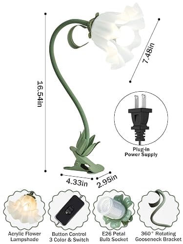 DSYHYL Clip on Light Flower Desk Lamp, LED Reading Light 3 Color Modes Eye-Caring Book Light Flexible Gooseneck Bedside Clip on Lamp for Desk Piano Office Bed Headboard Dorm (Green Lamp) thumbnail 6