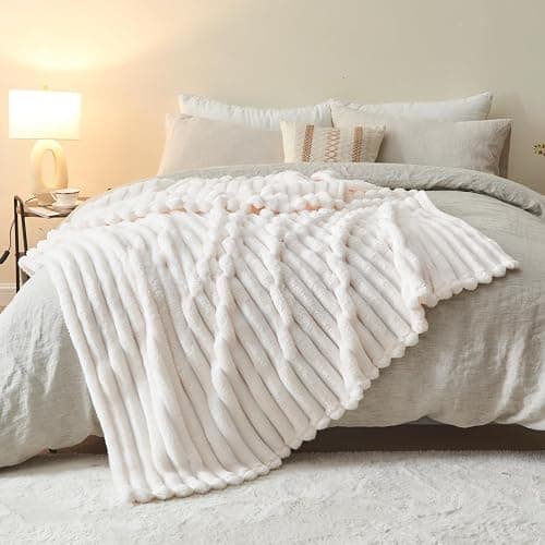 NEWCOSPLAY Super Soft Throw Blanket Ivory Premium Silky Flannel Fleece 3D Ribbed Jacquard Lightweight Bed Blanket All Season Use (Ivory Ribbed, Throw(50"x60")) thumbnail 10