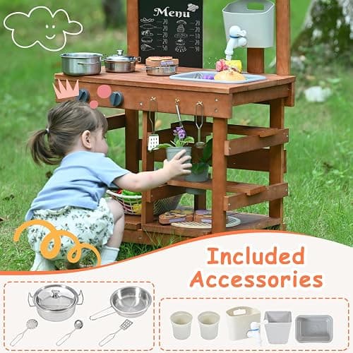 Homman Kids Mud Kitchen Outdoor 23.6in, Wooden Play Kitchen with Sink & Stove, Utensils, Mud Kitchen for Kids Outdoor thumbnail 5
