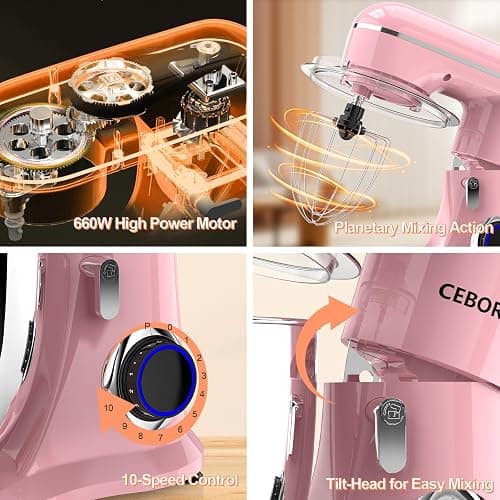 CEBORY 3-IN-1 Electric Stand Mixer, 6.5QT Bowl 660W 10-Speed Kitchen Mixer, Household Food Mixers include Dough Hook, Beater and Whisk, Bread Cake Mixer for Baking and Most Home Cooks, Pink thumbnail 5