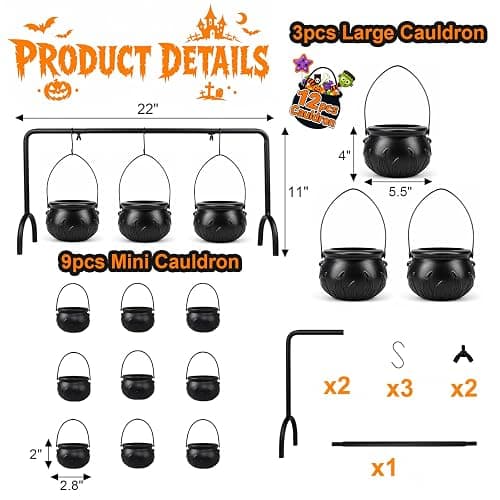 Halloween Cauldron Table Decor, Set of 12 Large and Mini Black Plastic Hanging Cauldron Bowls with Iron Rack, Witches Cauldron Candy Serving Bowl for Party Home Kitchen Hocus Pocus Indoor Decorations thumbnail 3