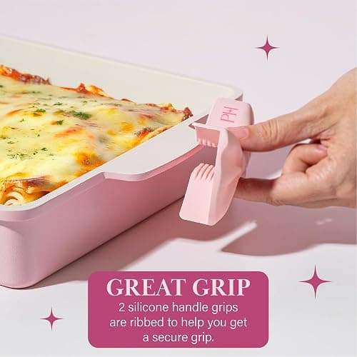 Paris Hilton Deluxe Roasting Pan Set, Heavy Duty Nonstick Bakeware with Silicone Handle Grips, 13"x9", Pink thumbnail 5