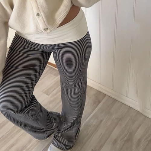 Women's Fold Over Lounge Pants Low Rise Wide Leg Yoga Sweatpants Stretchy Bell Bottoms Leggings Roll Over Pants thumbnail 4
