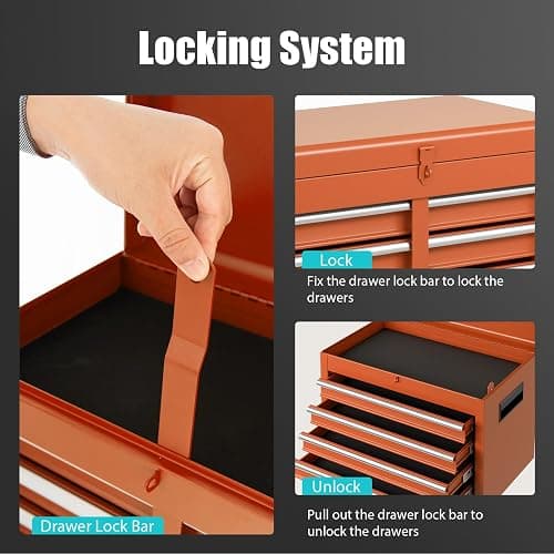 COSTWAY Large Rolling Tool Cabinet, 2-in-1 Detachable Metal Tool Chest with Drawers, Wheels, Handle & Hooks, Lockable Tool Box Trolley for Garage Workshop (5 Drawer with Adjustable Shelf, Orange) thumbnail 7