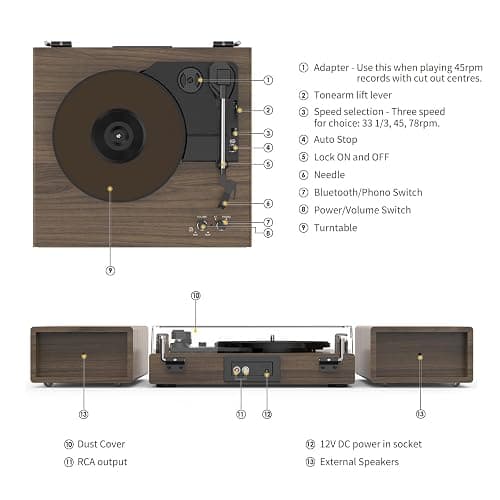 Vinyl Record Player with Dual Stereo Bookshelf Speakers Vintage Turntable with Bluetooth Wireless Playback Belt Drive 3-Speed Playback Record Player Support RCA Out Auto Stop thumbnail 6