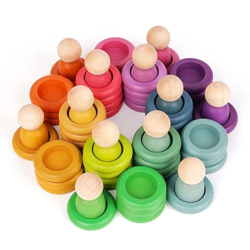 Montessori Toys Wooden Color Sorting Stacking Rings Toy Rainbow Wooden Peg Dolls Counting Toys Circular Building Blocks Stacking Game Preschool Learning Education Fine Motor Skill Toys for Toddlers thumbnail 3