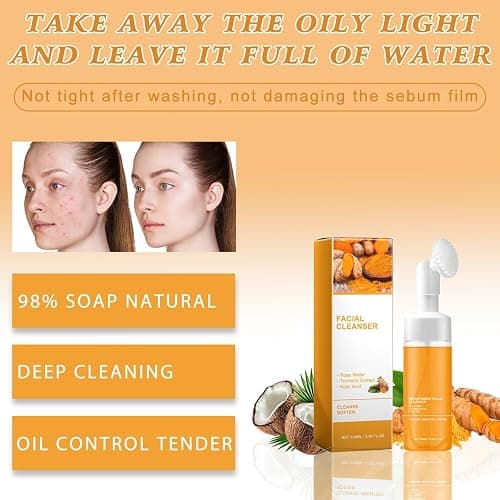 4Pcs Turmeric Wash and Care Three Piece Set, Turmeric Trio: Facial Wash, Cleansing Mousse & Soap for Skin Care, Turmeric Cleansing Exfoliating Pads, Turmeric Face Wash for Face & Body thumbnail 4