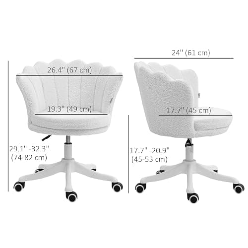 HOMCOM Mid Back Berber Fleece Office Chair, Adjustable Height Study Chair, Vanity Chair with Swivel Wheels for Living Room, Study, White thumbnail 3
