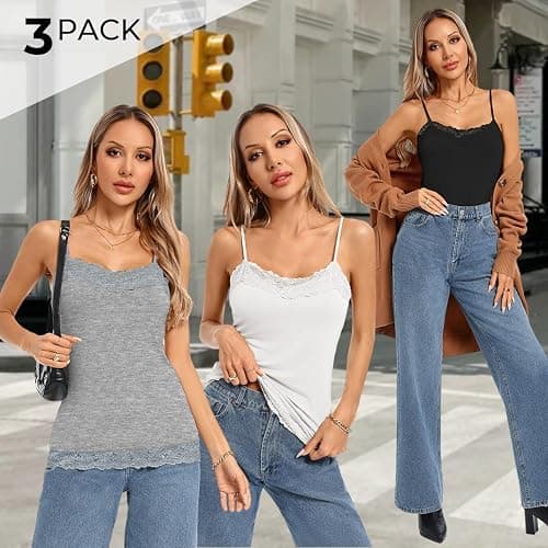 Kate Kasin Women's Adjustable Spaghetti Strap Lace Trim Cami Tunic Tank Top 3PACK thumbnail 2