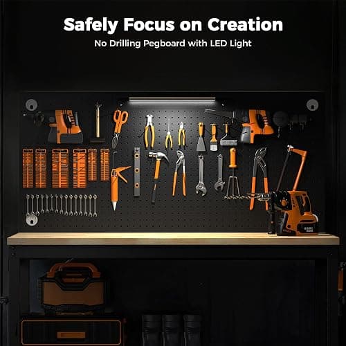 CAMMOO 48" Heavy Duty Work Bench Adjustable Height Max Load 2000 LBS with Storage Shelf for Garage Workbench, Rubberwood Tabletop with Pegboard, LED Light, Built-in Power Strip for Woodworking Shop thumbnail 5