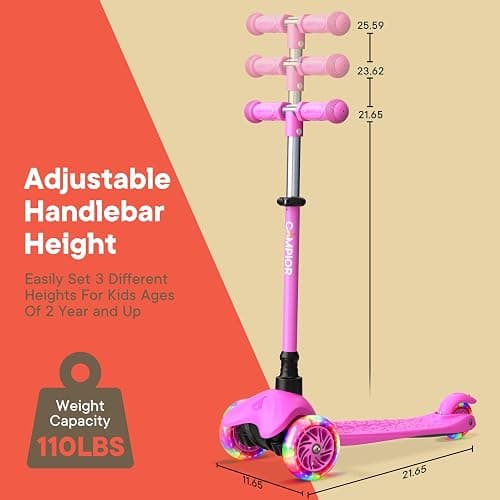 Campior Pink Mini 3 Wheel Scooter for Kids – Lean-to-Steer with LED Light-Up Wheels, Adjustable Handlebar, Wide Anti-Slip Deck, Smooth PU Wheels, Rear Foot Brake – Toddler Scooter for Ages 2+ - Pink thumbnail 6