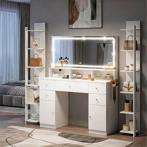 ZIMASYA 45" Large Makeup Vanitys with Mirror & Lights,Big Vanity Desk with 2 Side Shelves & Adjustable Brightness 3 Color Crystal Sparkle LED,Charging Station,26 Storage Areas for Girls Women White thumbnail 8