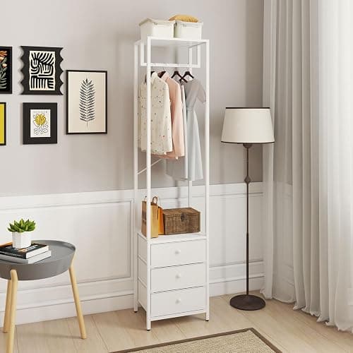 YMYNY Coat Rack with Non-woven Drawer, Freestanding Tall Closet Organizer, Clothes Rack with Rod, Tall Clothes Standing Dresser for Bedroom, Living Room, Entryway, 39×29×179CM White HGR001W thumbnail 2